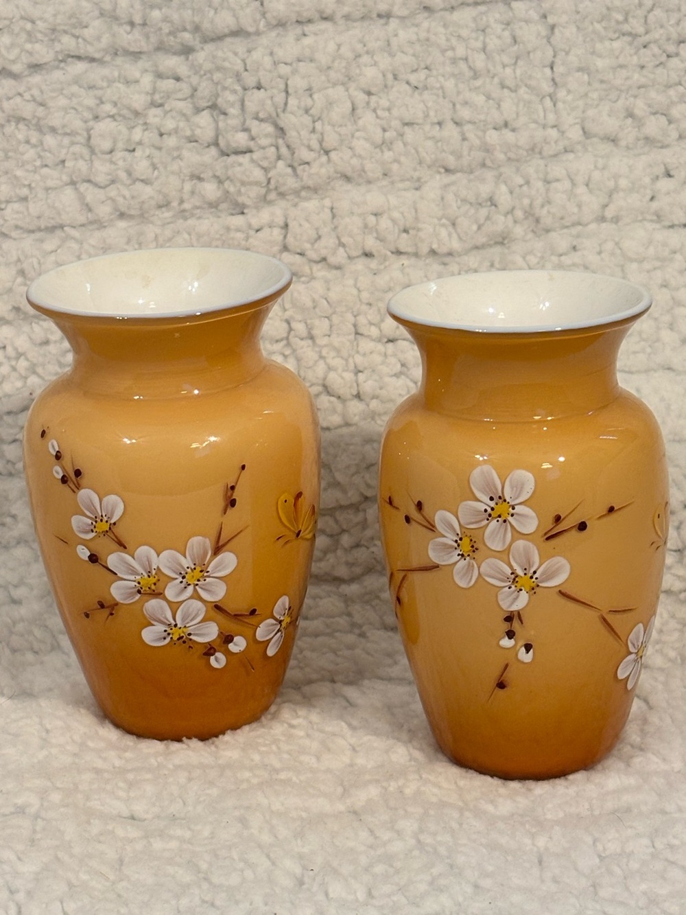 Vintage Hand Painted Cased Art Glass Bud Vases Pair Amber Floral Butterfly 5"